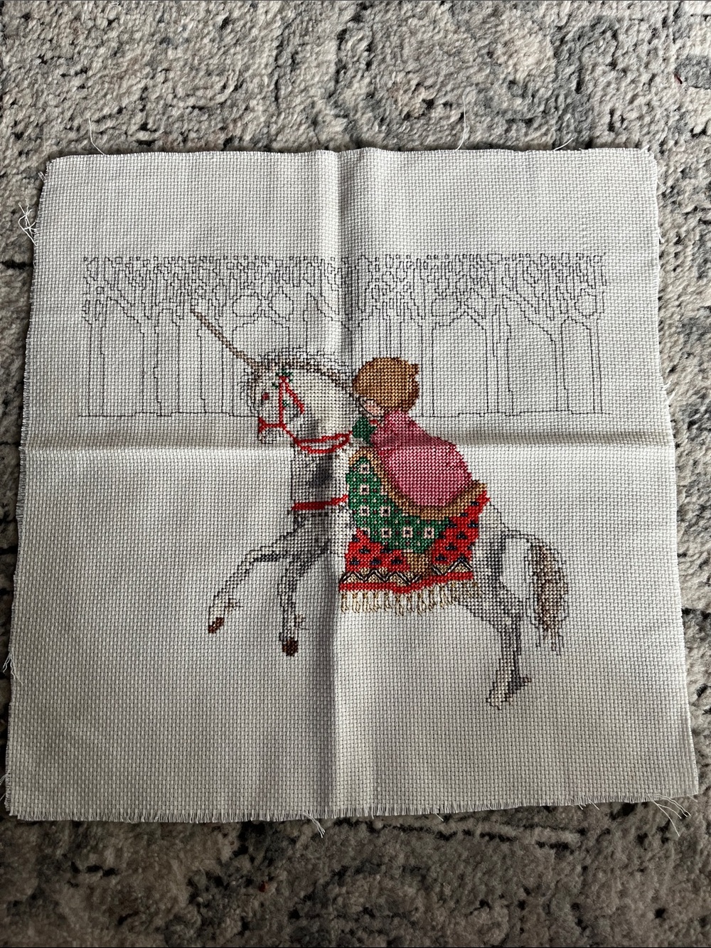 Finished cross stitch grandma girl riding unicorn